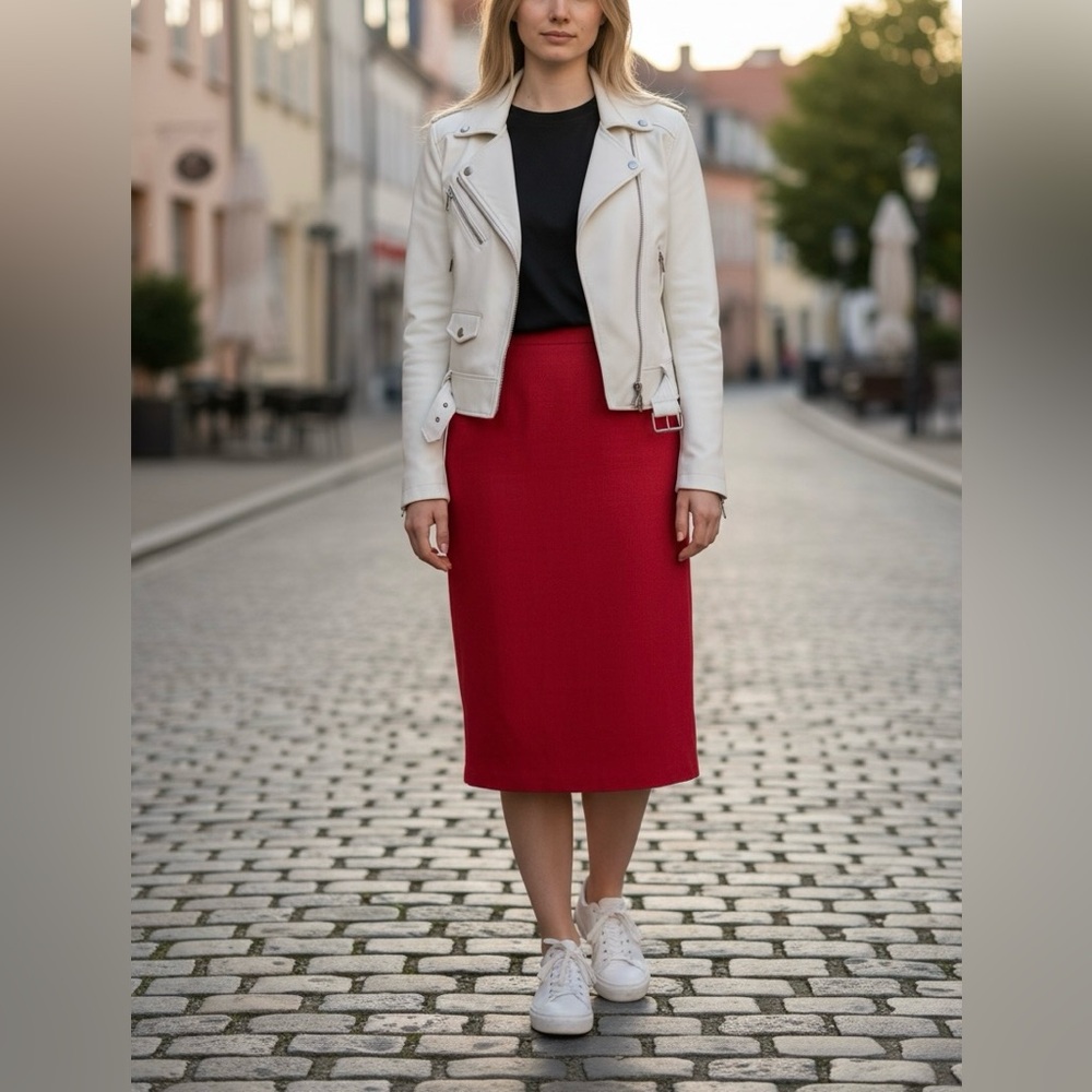 Vintage Sag Harbor Womens Red 100% Pure Wool Pencil Skirt Women’s Size 14 Lined
